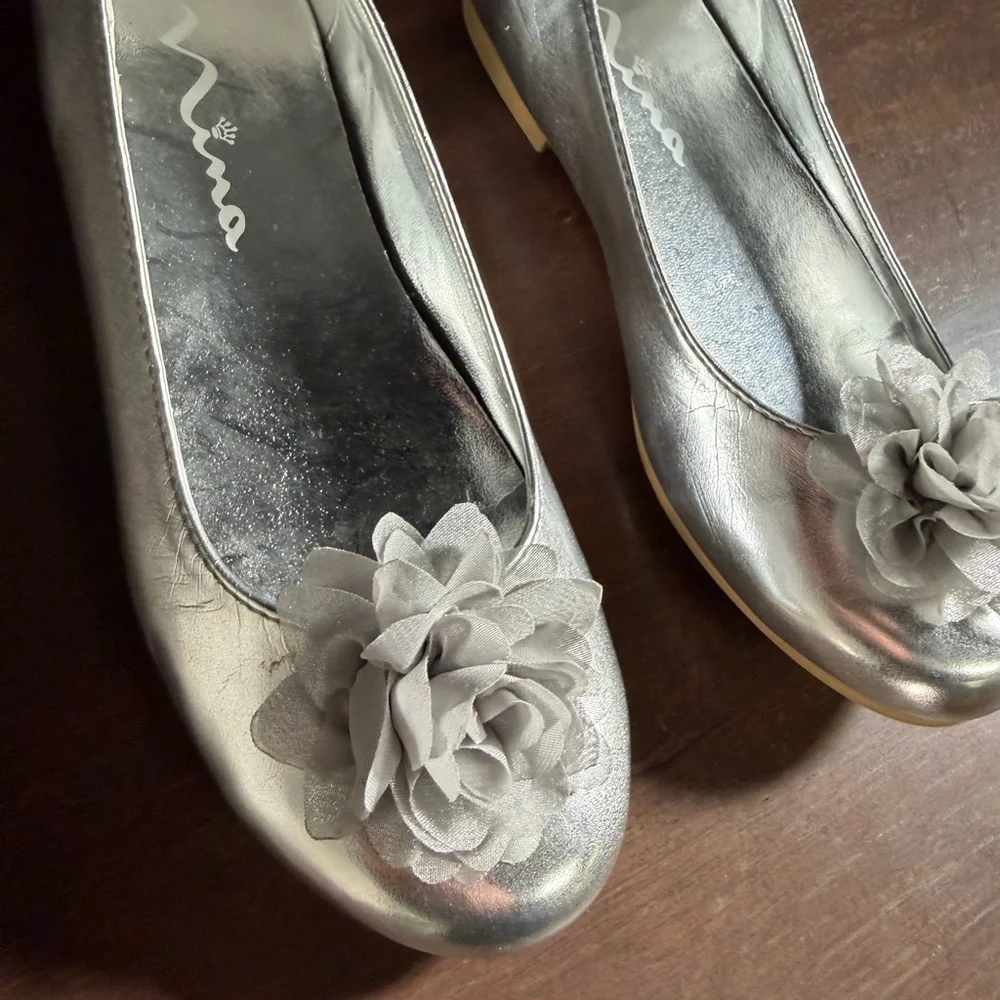 Nina Silver Glitter Girls Flats with Floral Detail - worn once